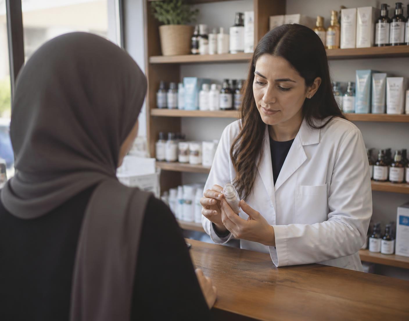 A pharmacist advising a parent at the counter