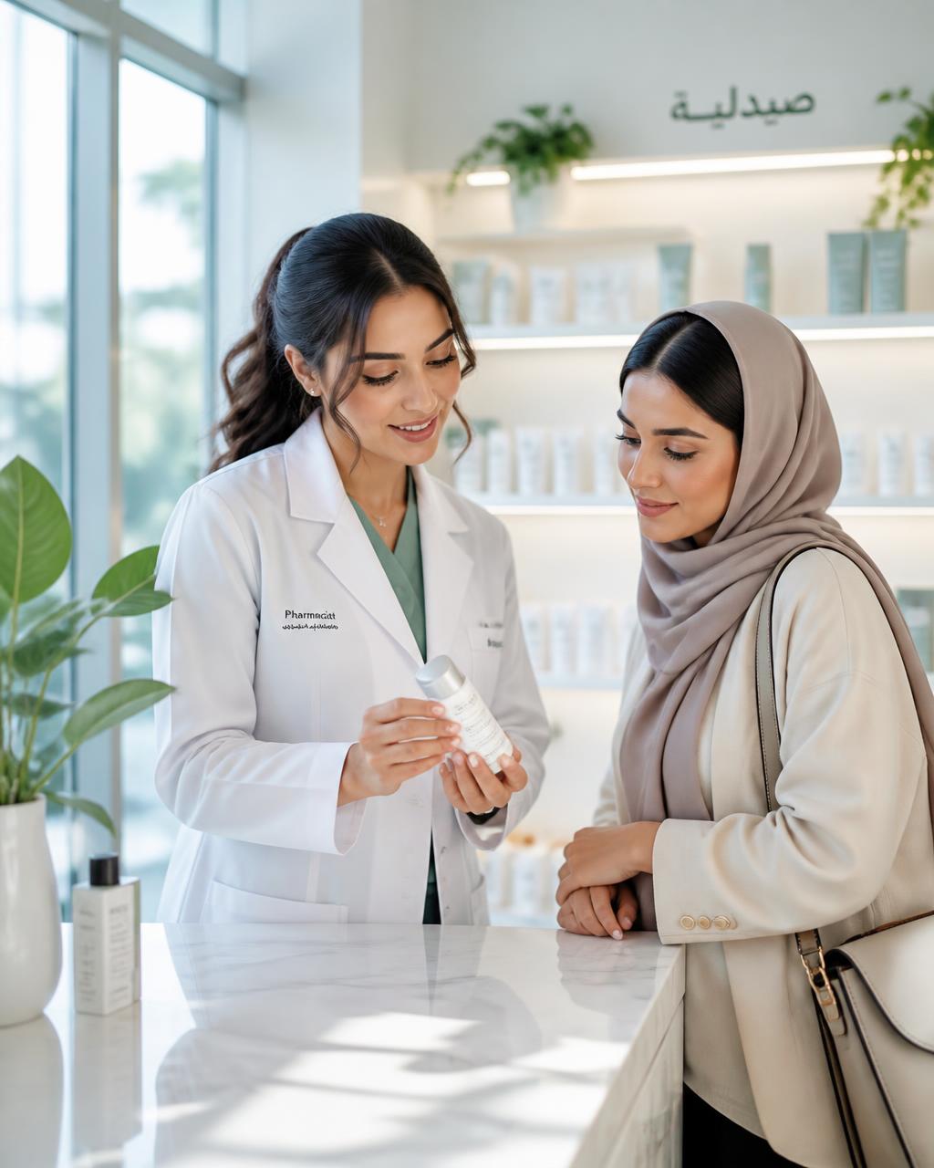 A licensed Cady pharmacist consulting with a customer on skincare in a bright, modern pharmacy