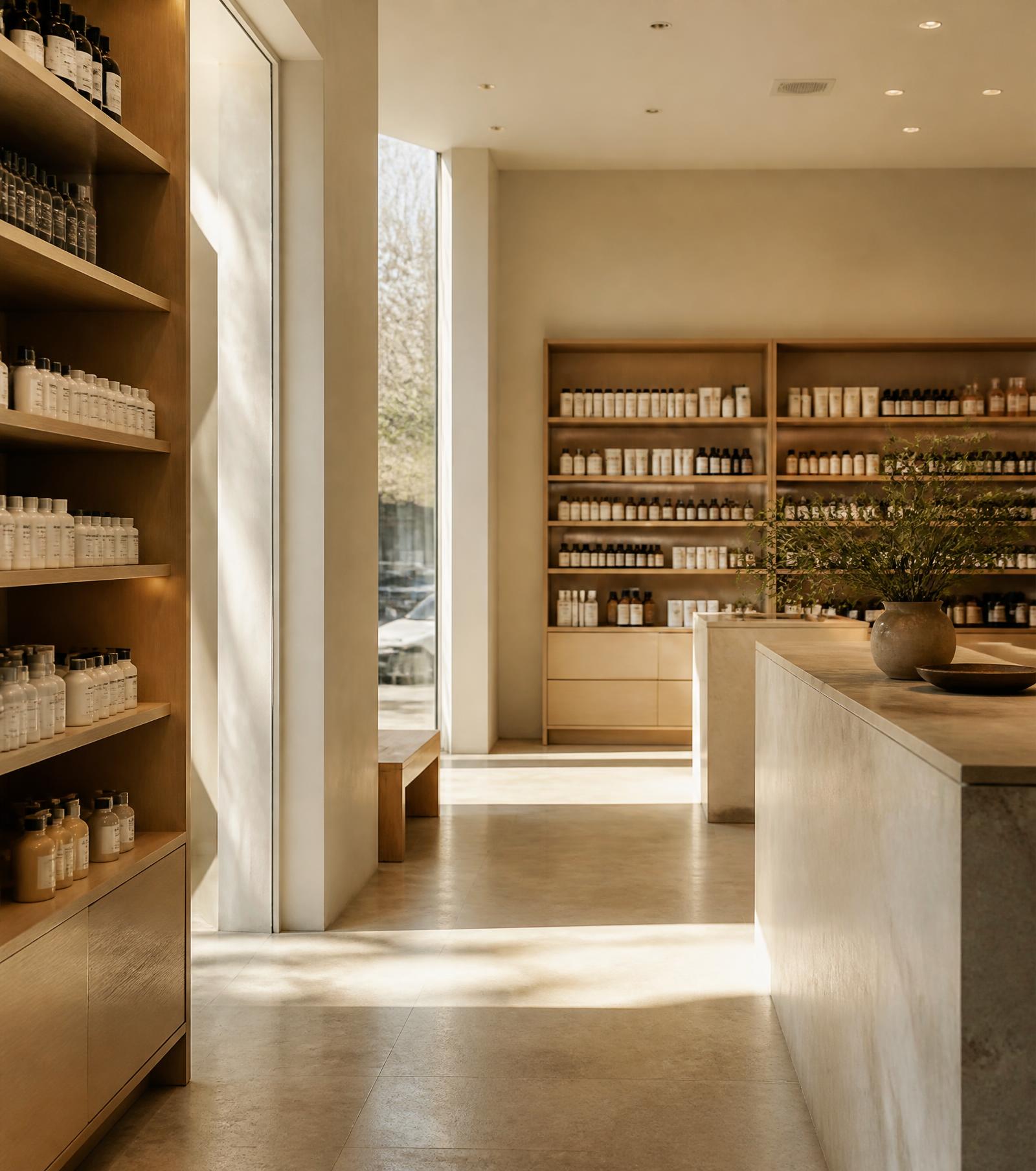 The interior of Cady Pharmacy in warm natural light