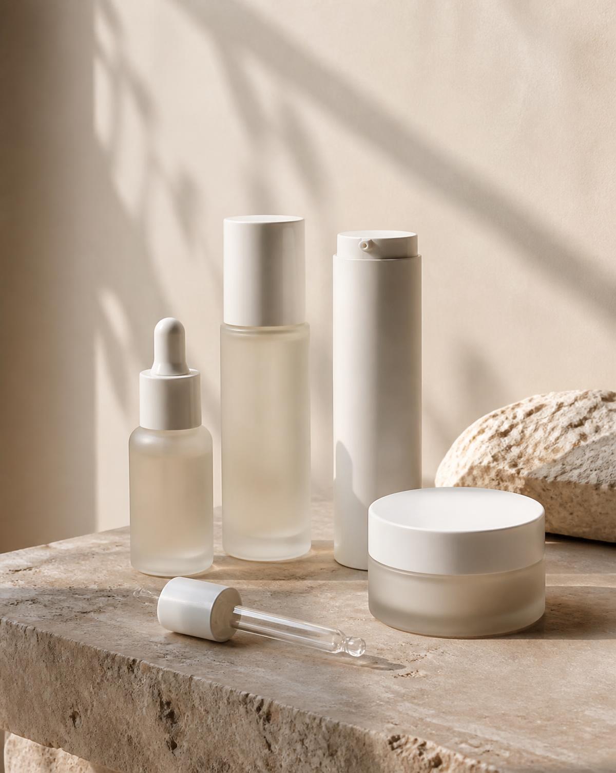 Minimal skincare bottles on a stone ledge in soft daylight
