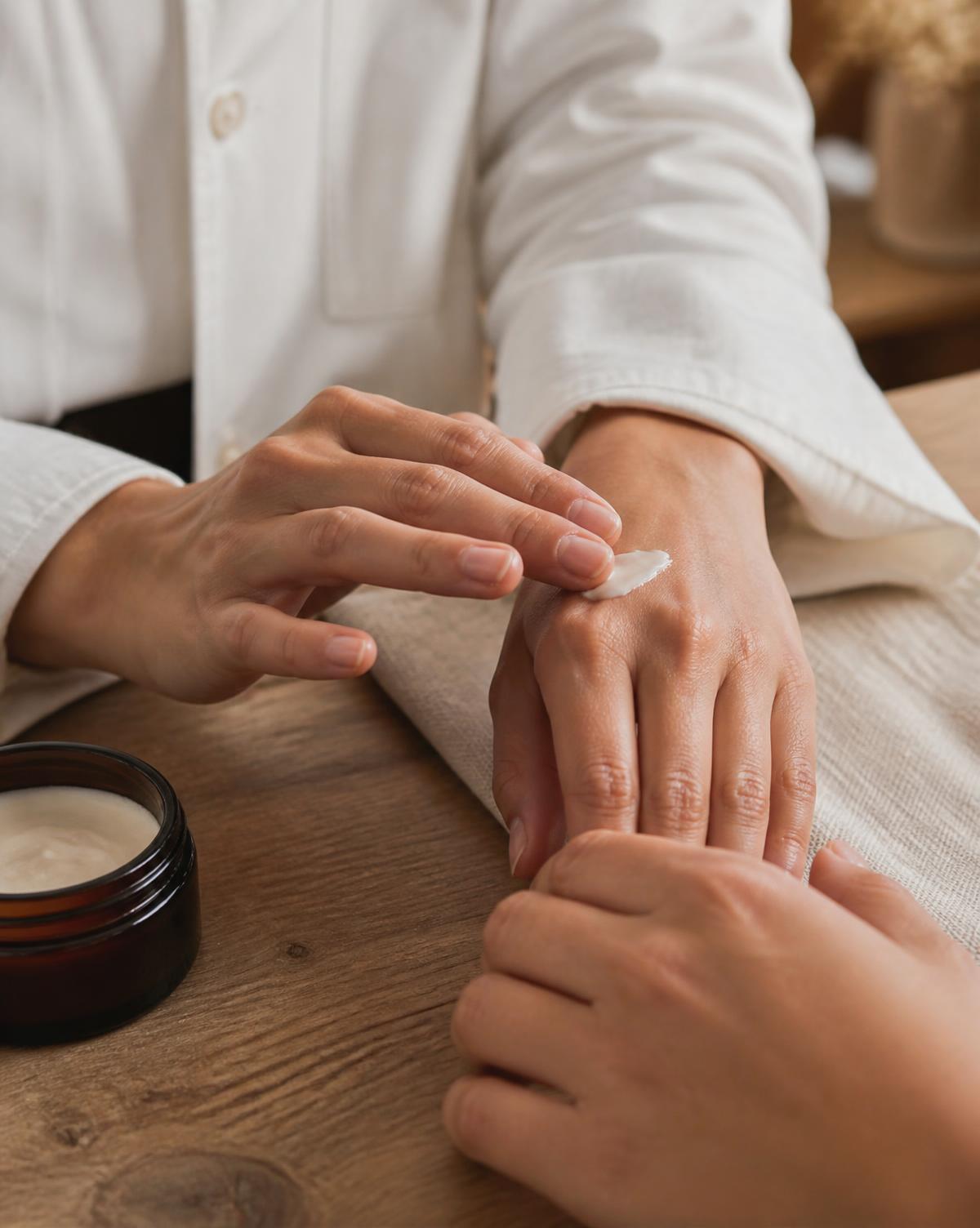 A pharmacist demonstrating a cream texture during a skincare consultation