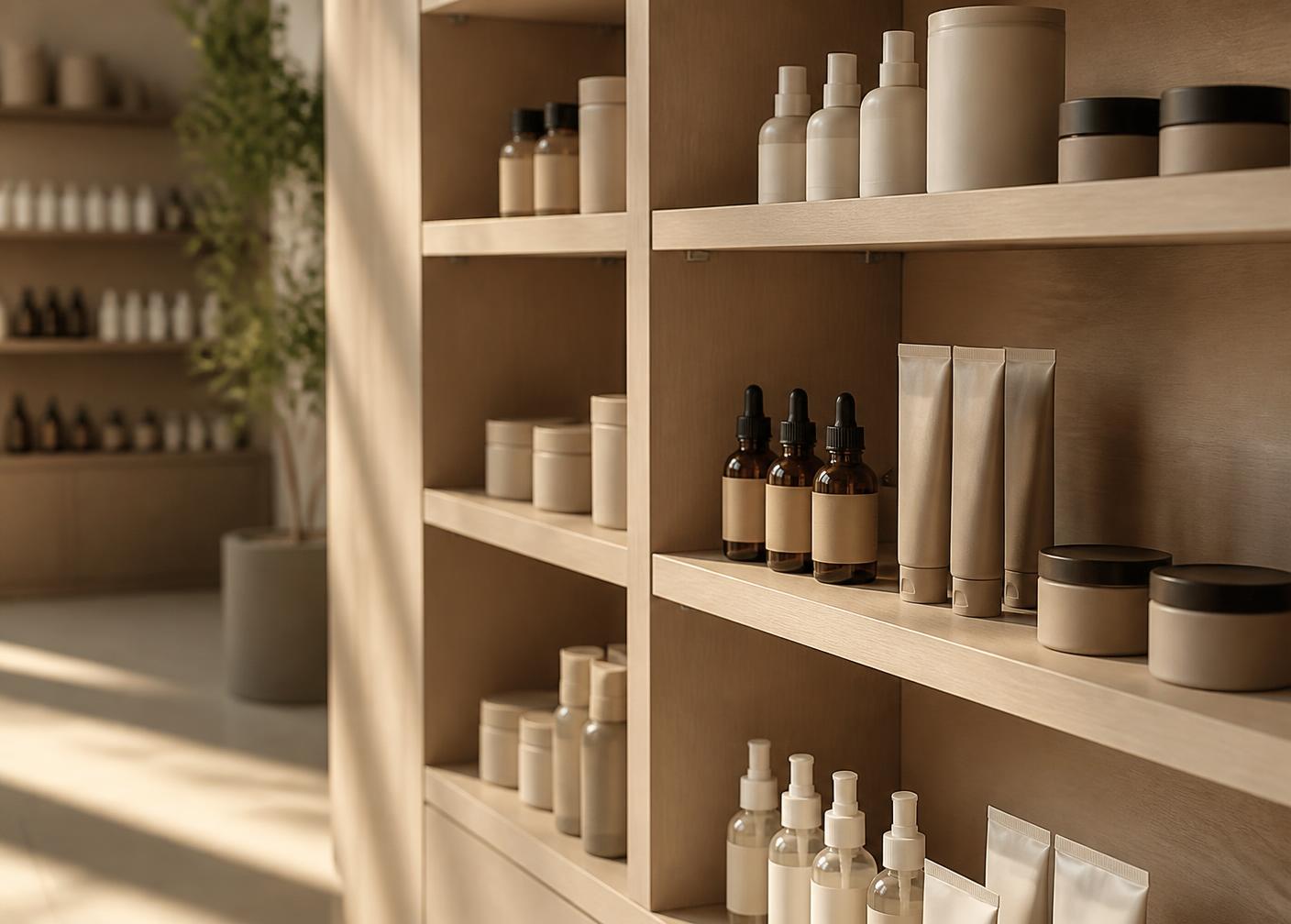 Premium skincare products displayed on pale oak shelving at Cady Pharmacy